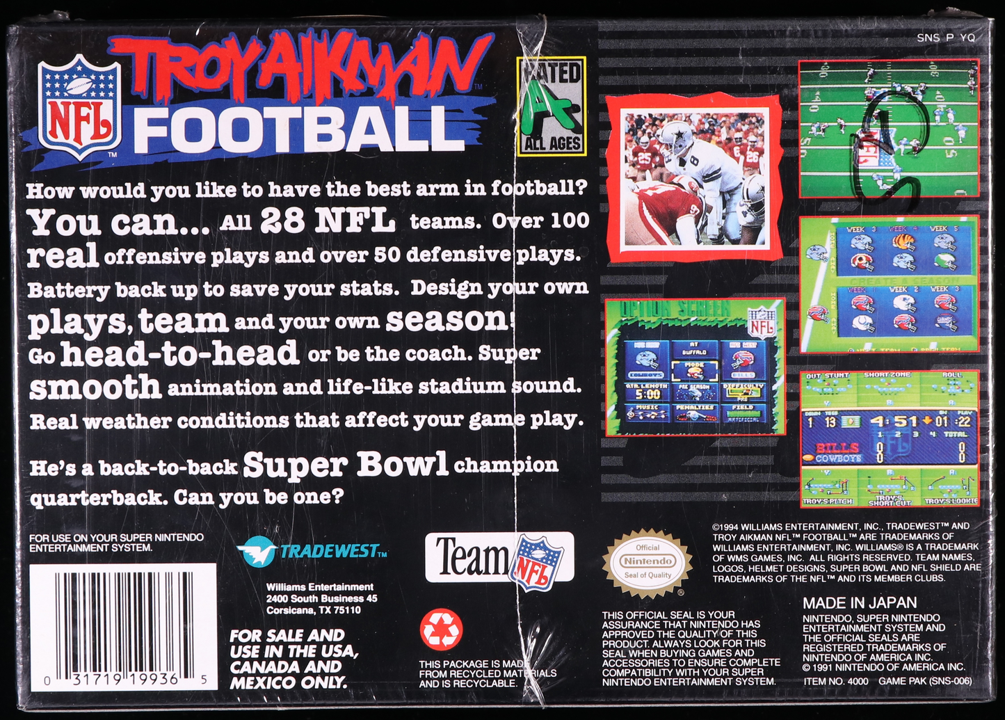 Troy Aikman NFL Football SNES 9.4 A+ - NEBRASKA COLLECTION
