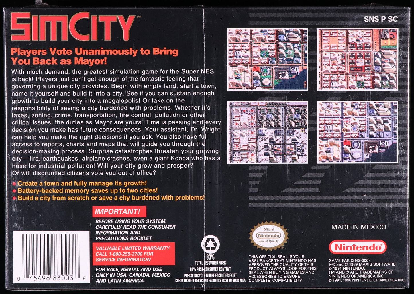 SimCity SNES 9.8 A+ - NEBRASKA COLLECTION